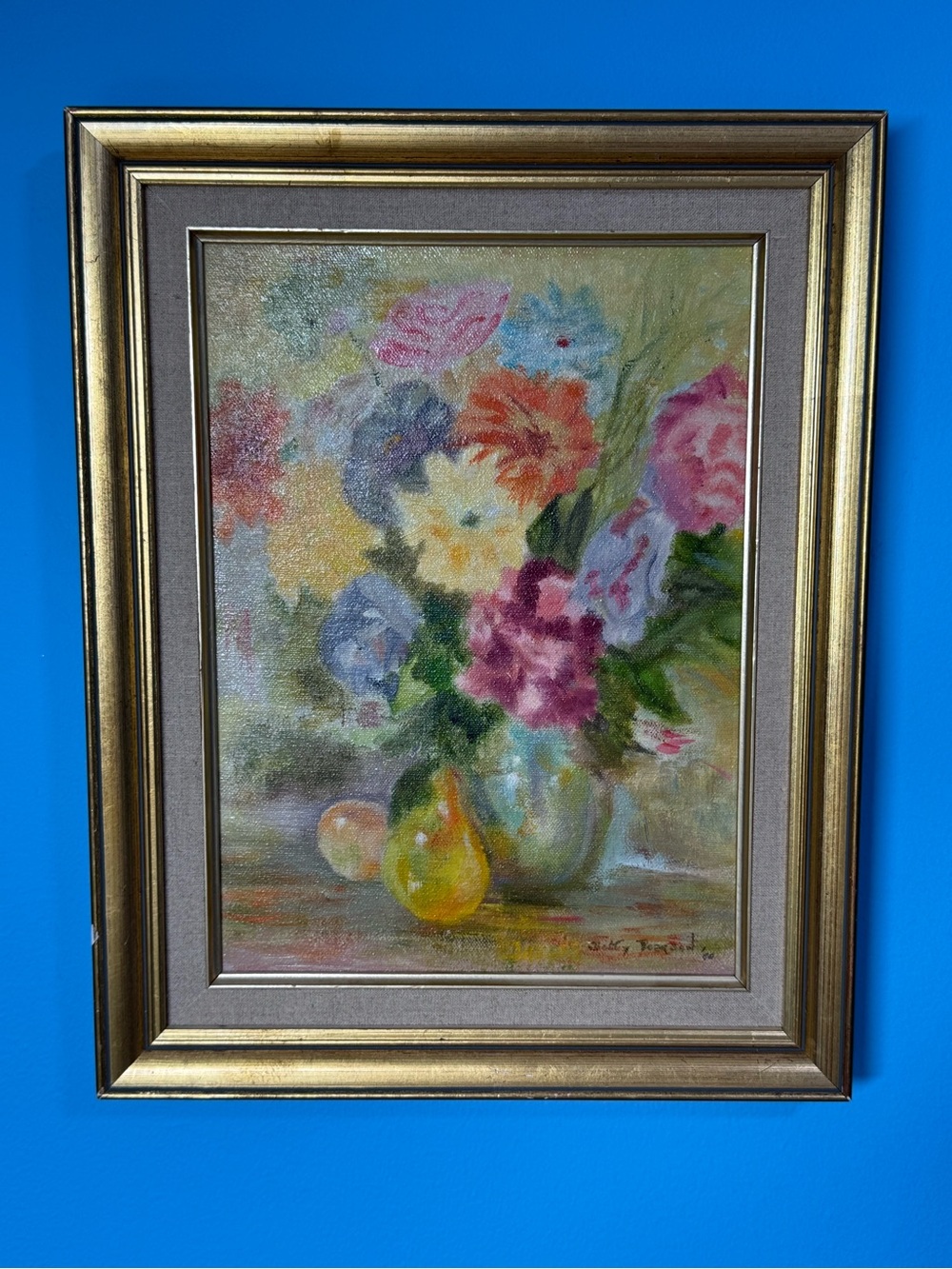Vintage Original Still Life Floral and Fruit Oil Painting in Gold
Frame